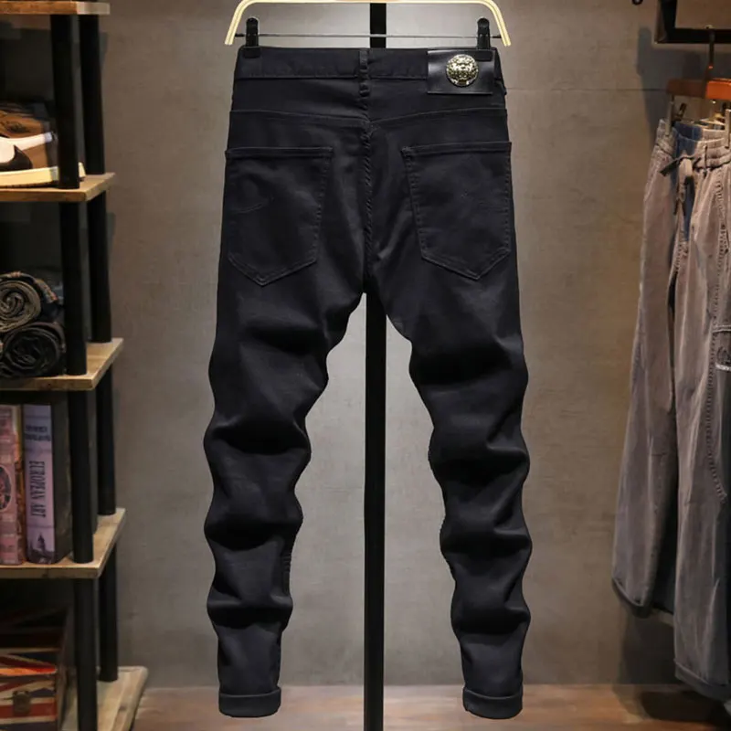Street Designer Fashion Men Jeans Black Stretch Slim Fit Ripped Jeans Men Zipper Patched Y2K Hip Hop Denim Biker Pants Hombre
