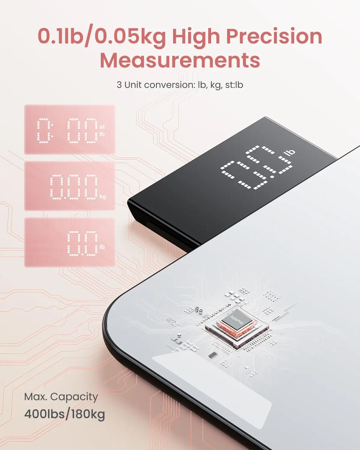 Balança de viagem recarregável portátil com display LED e espelho de maquiagem, capacidade de 400 libras de alta precisão
