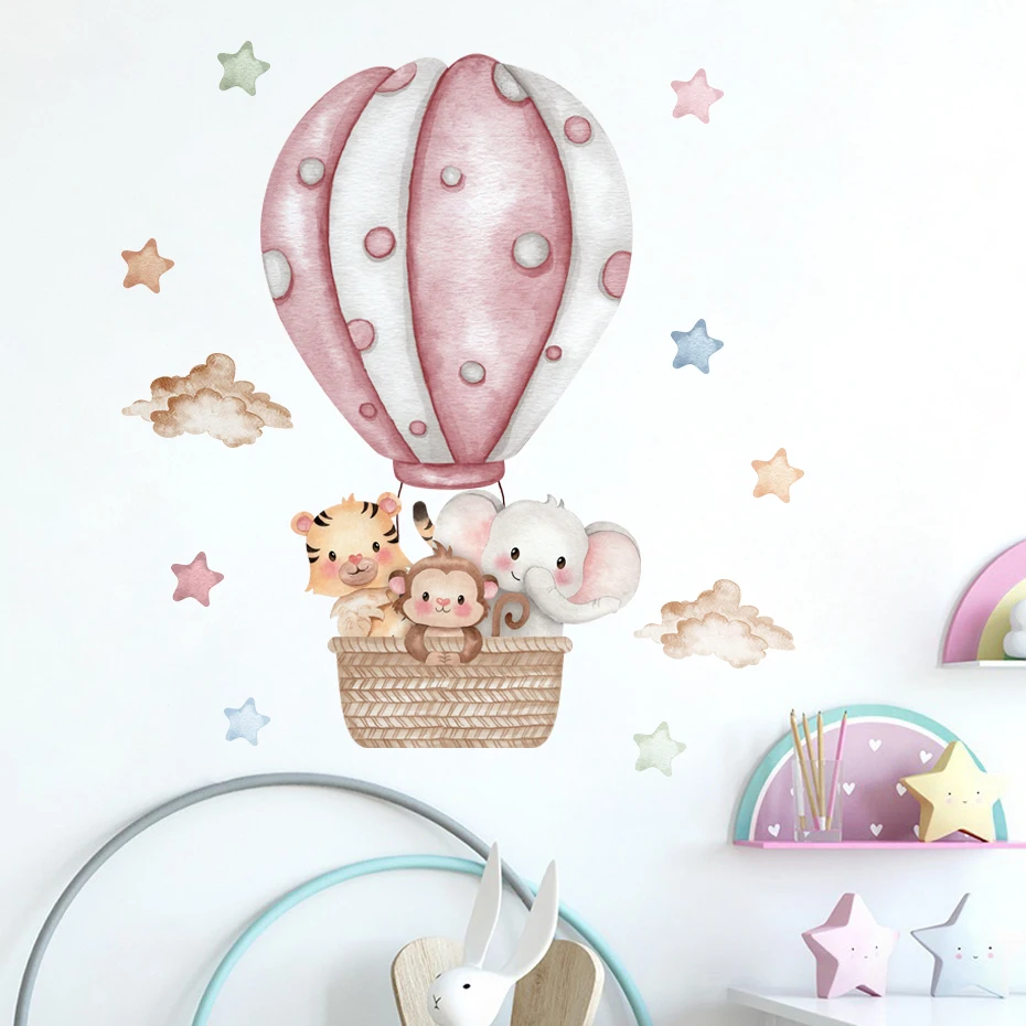 Watercolor Cartoon Hot Air Balloon Aniamls Star Stickers Nursery Wall Decals Art For Baby Kids Room Wholesale Home Decor