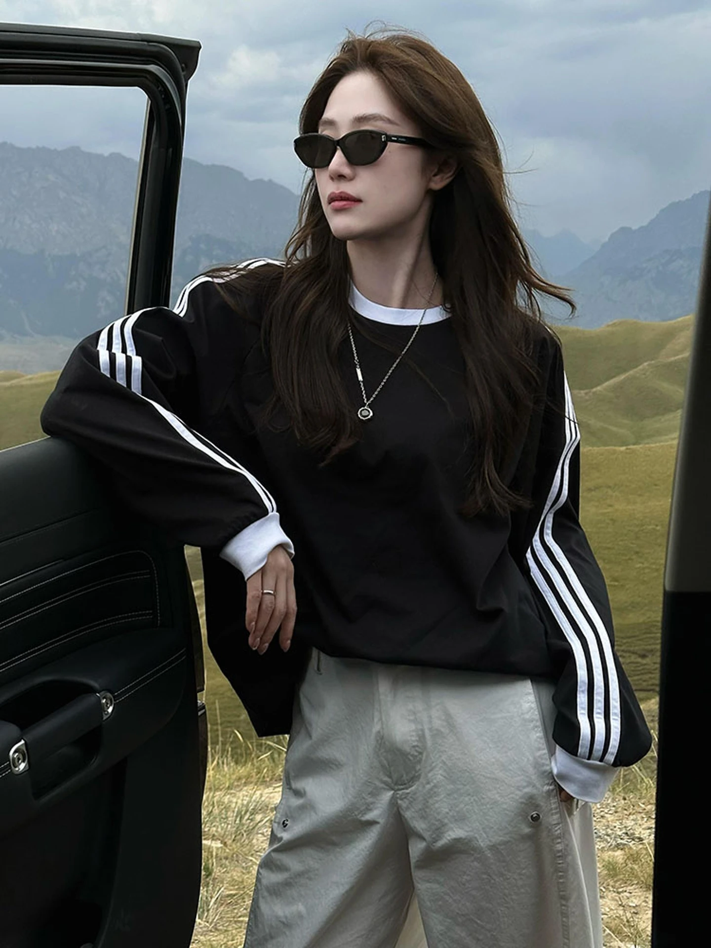 Sli Unique Bla Striped Sweatirt T-irt Women's Faionable Fall Cool Trendy Lady Brand Loose Fit Long Sve round Ne