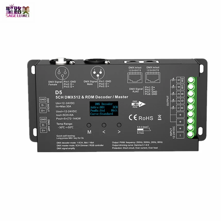 5CH*6A 12V-24VDC CV OLED DMX Decoder D5 DMX512 Master Controller 8 bit or 16bit PWM For SMD 5050 RGB+CCT LED Strip Lights Tape