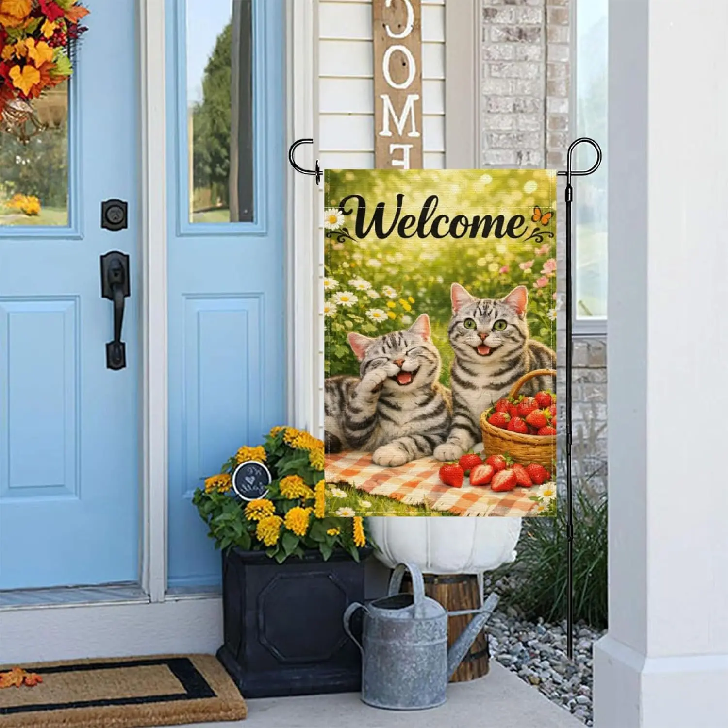 Fun American Shorthair Cat Welcom Garden Flag 12x18Inch Double Sided,Spring Summer Outdoor Yard Decor,Cute Animals Flowers S AAS