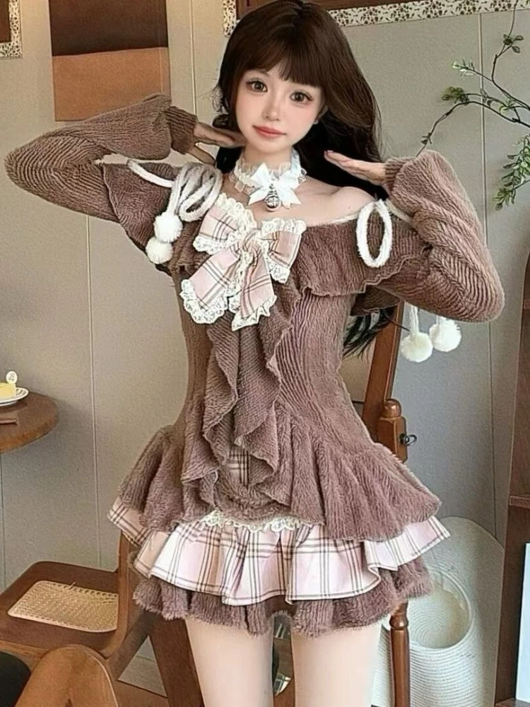 Japoński zestaw Sweet Lolita, dwuczęściowy, damski, bluzka z długim rękawem i kokardą + mini spódniczka w kratę, zimowy, kobiecy, kawaii, modny zestaw, nowość 2025