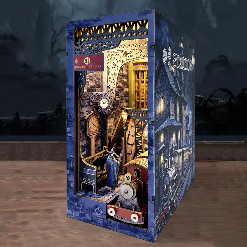 Fai da te in legno 9 3/4 stazione magica libro angolo scaffale inserto kit modello in miniatura con mobili libreria fermalibri per gli amici regalo