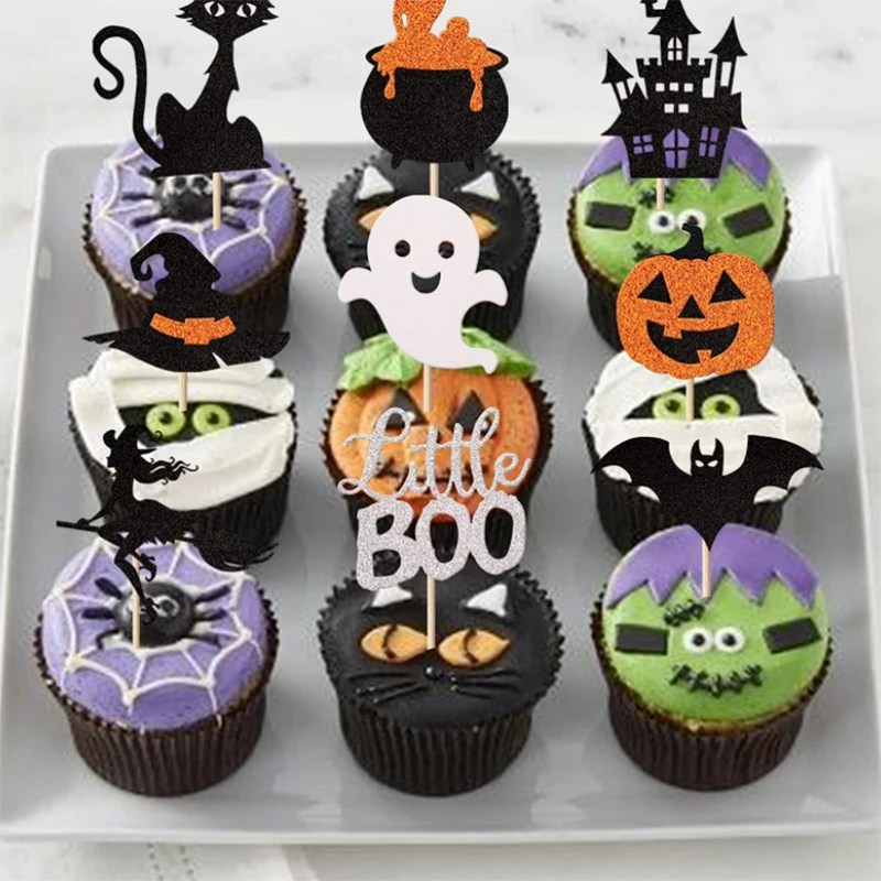 1set Halloween Cupcake Toppers Pumpkin Cupcake Wrappers Bat Witch Design Spiderweb Cupcake Toppers Toothpicks Party Faovrs