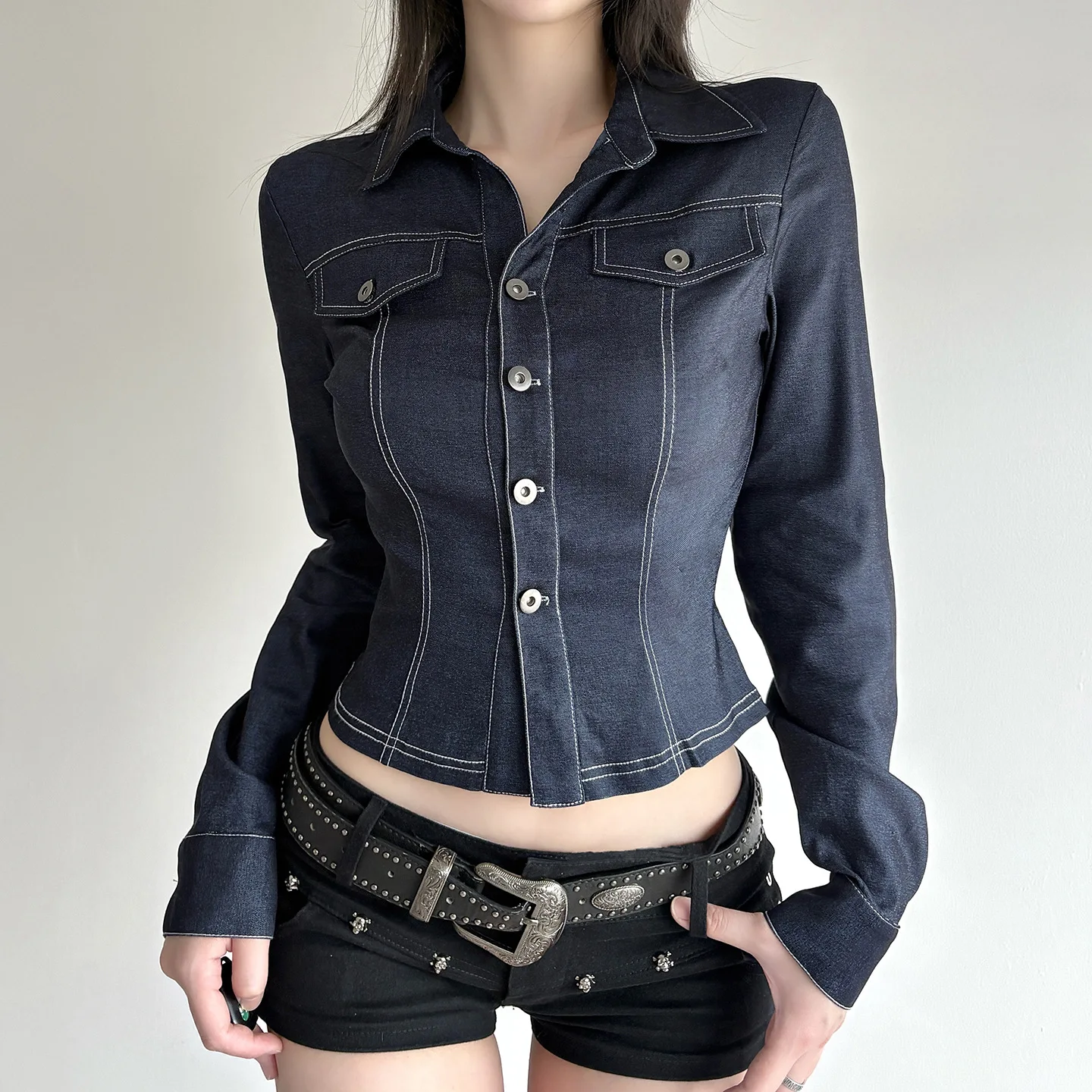 IAMHOTTY Pockets Cargo Top Autumn Reverse Thread Button-up T-shirt Vintage Slim-fit Long Sleeve Clothing High Street Cardigan