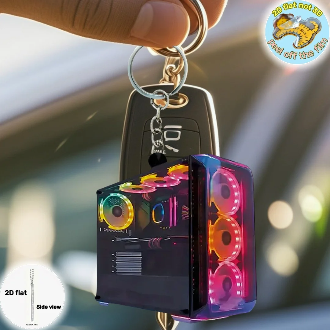 RGB-Computer-Host-Schlüsselanhänger, 2D-flacher Acryl-Anhänger, Ornament-Charms mit technischem Thema, hängende Dekoration für Taschen/Festlichkeiten/Büro/Geschenk