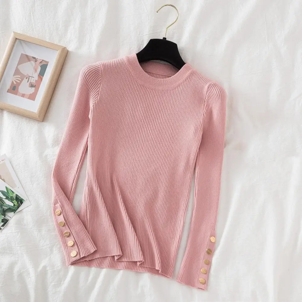 Sweater wanita leher bulat, atasan leher bulat elegan dengan dekorasi kancing lengan panjang untuk musim gugur musim dingin Slim Fit rajutan