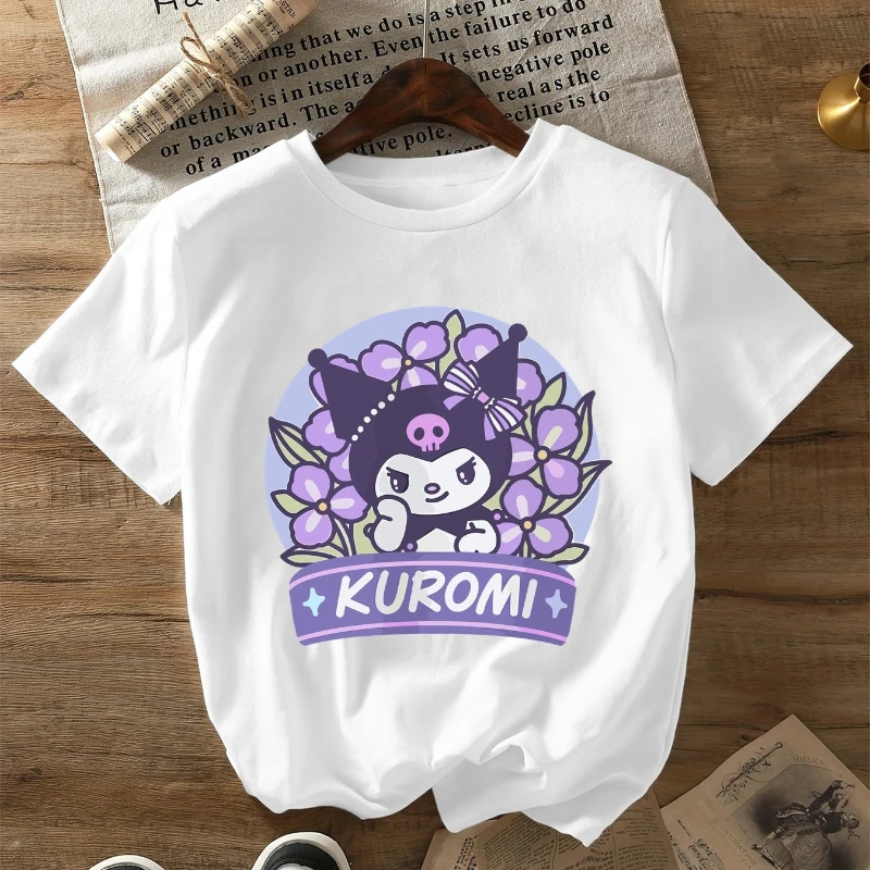 

Женская милая футболка с рисунком аниме Kuromi — хлопковая мягкая и дышащая повседневная футболка, топ с круглым вырезом фиолетового цветочного дизайна