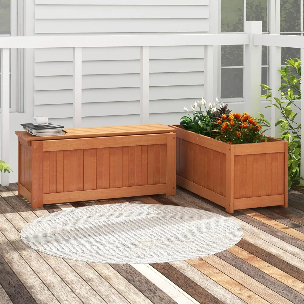 

Outdoor Bench, Wood Raised Garden Bed with Open Base, Teak Oil Finish, Rectangular Deep Planter Boxes for Flowers
