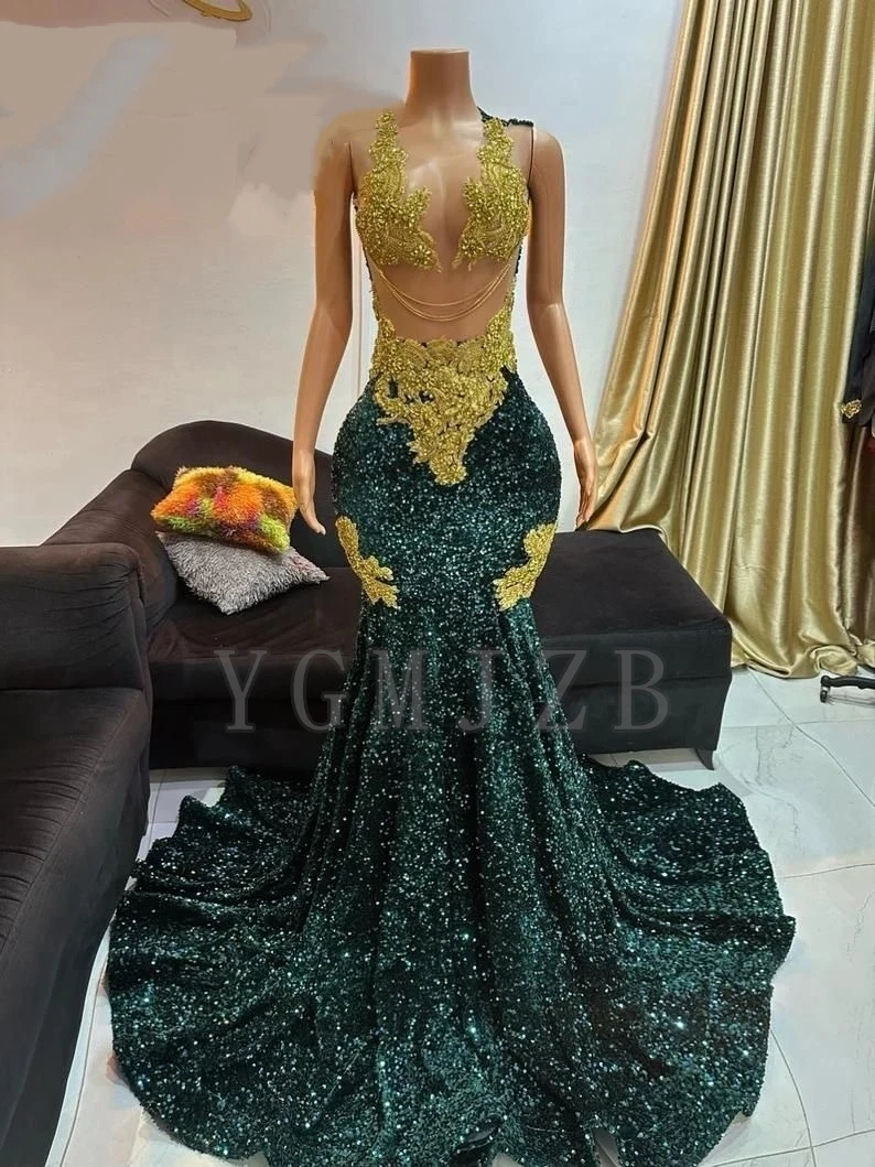 

Velvet Sequined Dark Green Prom Dresses Mermaid Luxury Gold Rhinestone Beaded Birthday Party Gala Dress Formal Evening Gowns