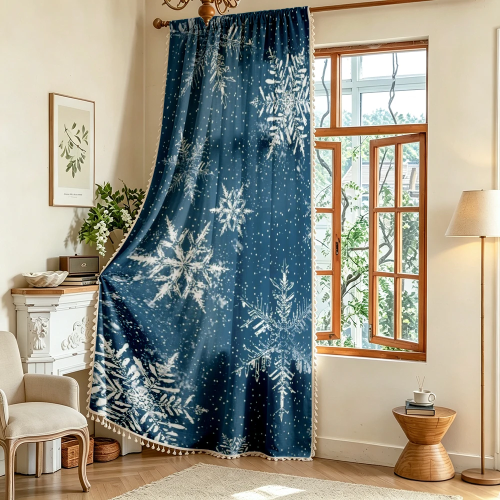 1PC Winter Tassel Sheer Curtains, Blue Snowflake, Digital Print, Linen Polyester, Bedroom Living Room, Rod Pocket Polyester