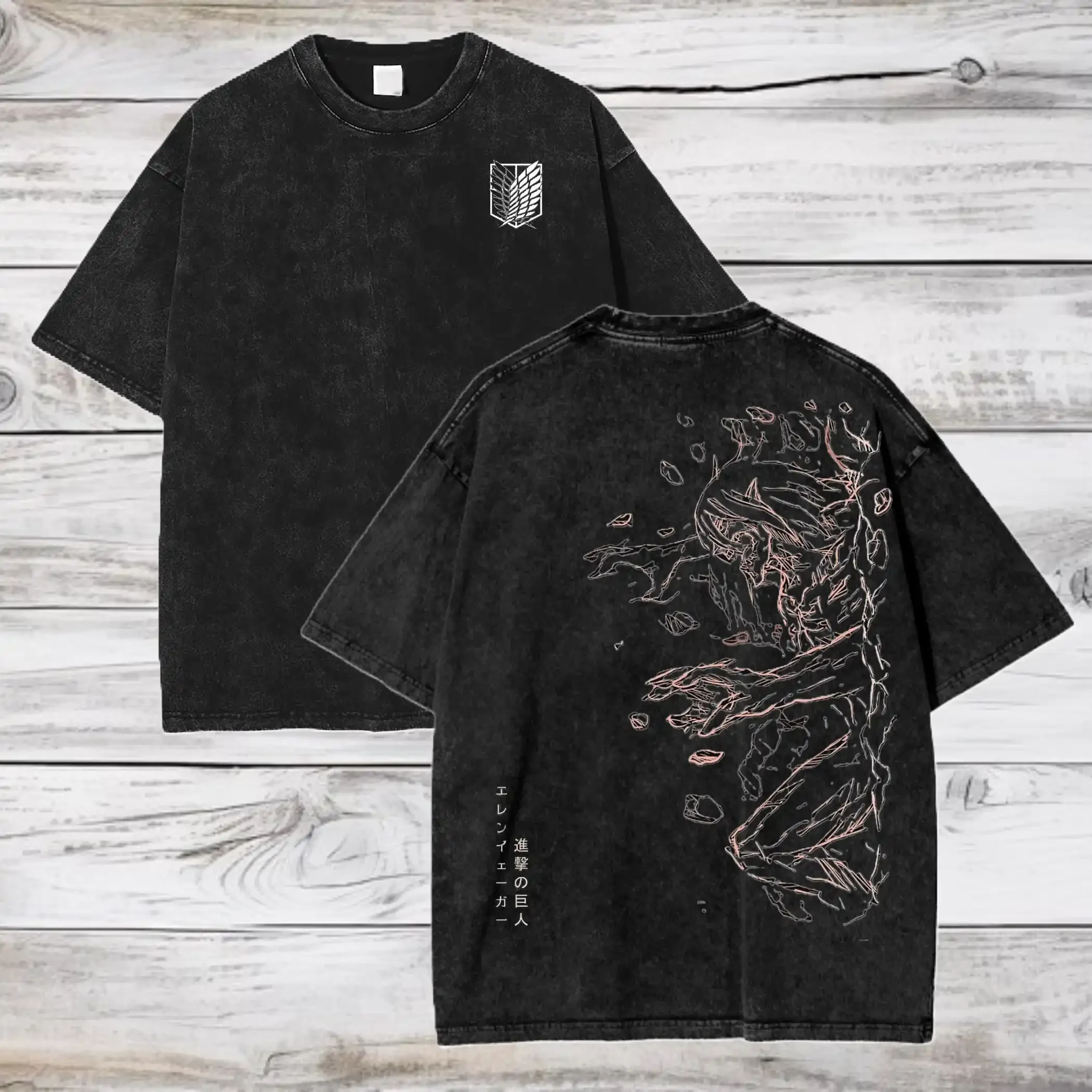 Attack on Titan Anime Übergroßes Acid-Washed T-Shirt für Herren, Harajuku Manga Grafik-Print, Gewaschene Baumwolle, Unisex Oversize-Tops