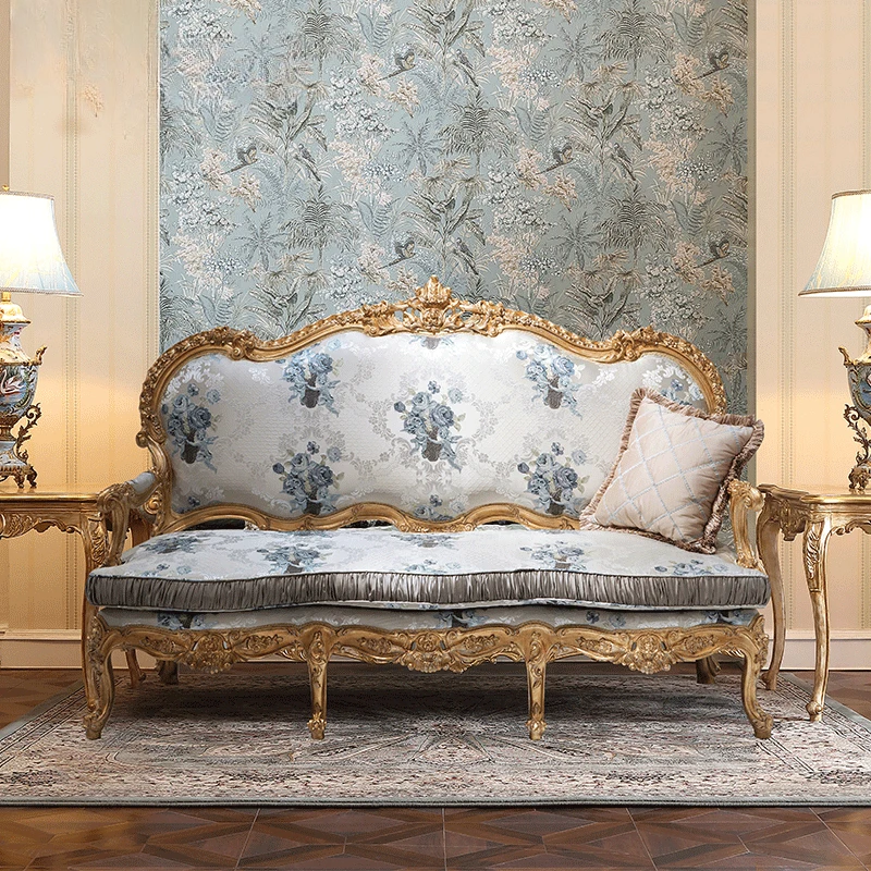 European style champagne gold carved flower three person solid wood classical fabric sofa