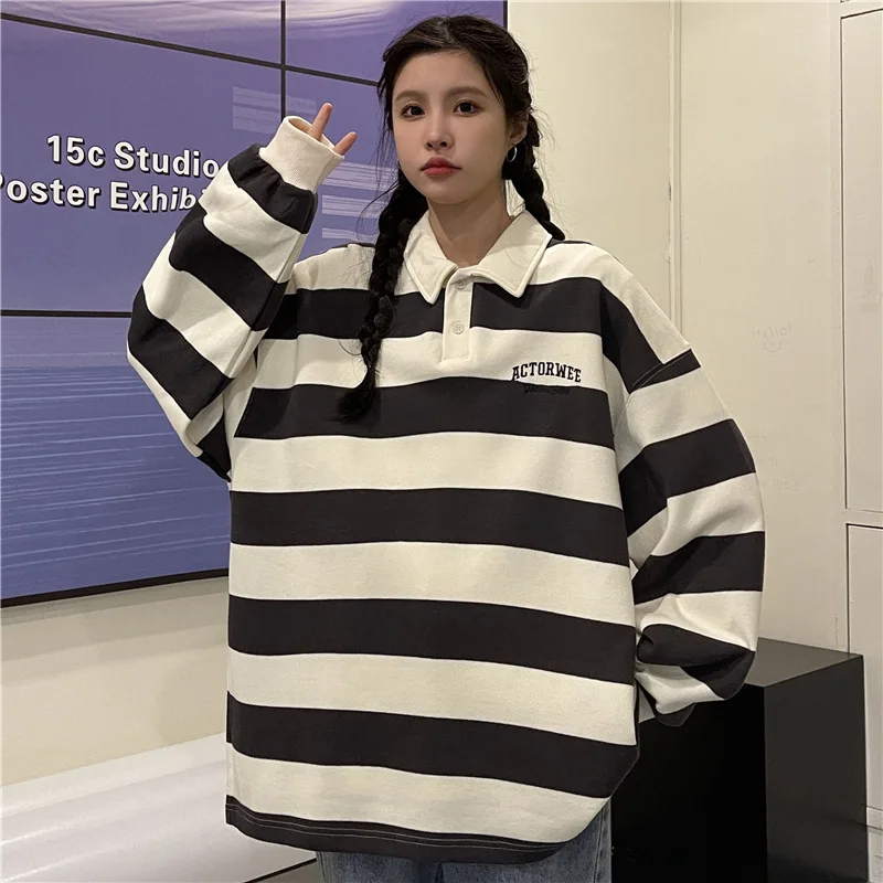 Korean Version Vintage Polo Collar Oversized Hoodies Women Blue Patchwork Stripe Thin Y2k Sweatshirt Harajuku Tops Long Sleeve