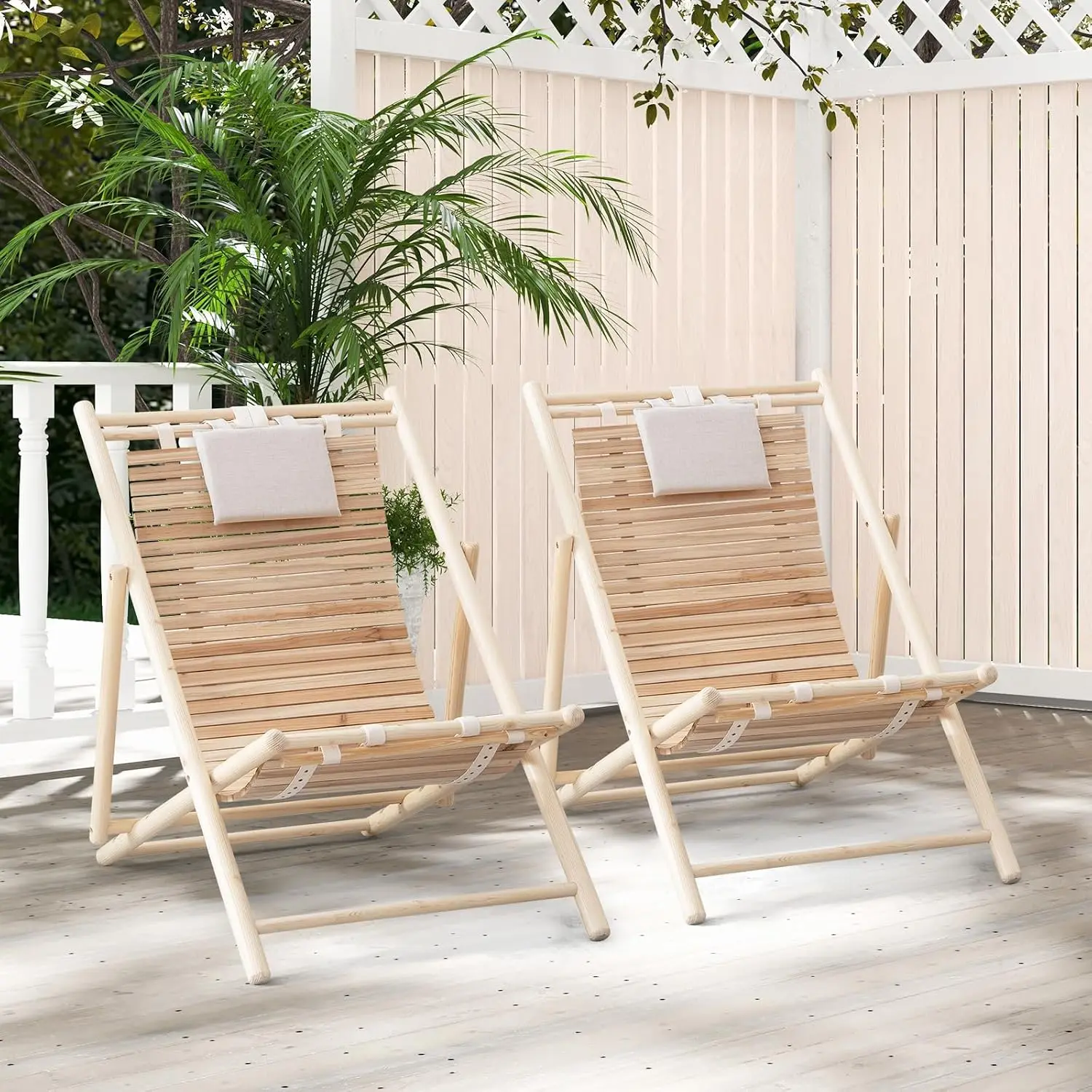 Wood Lounge Chair Outdoor - Folding Beach Chair with Detachable Headrest, 3-Level Adjustable Backrest, 330 Lbs Capacity, Slatted