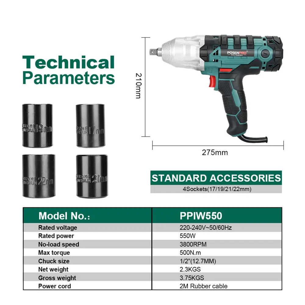 550W Electric Impact Wrench Max Torque 500Nm 1/2 Inch 2M Rubber Cable Car 4 SocketS Wrenches BMC Box AC Power Car Repair Tool