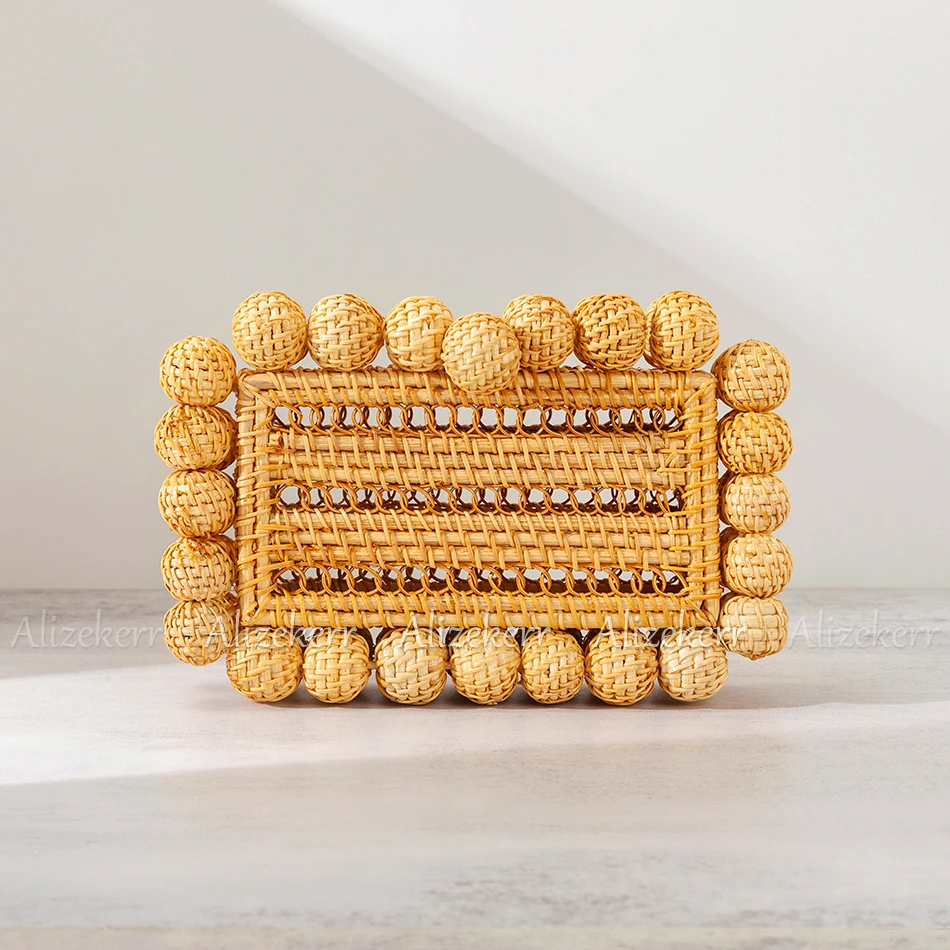 Alizekerr Beaded Hollow Out Rattan Bags Women Boutique Hand Woven Square Beach Wicker Clutch Purses And Handbags Summer Holiday