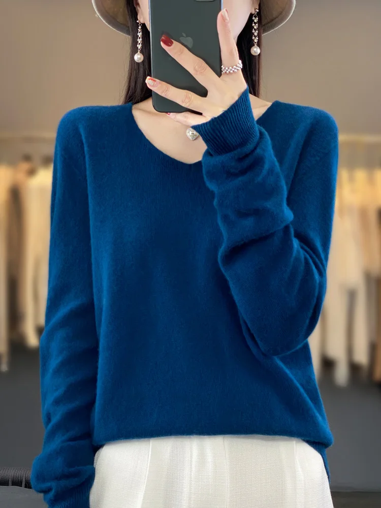 100% Merino Wool Women\'s Sweater V-Neck Long Sleeve Pullovers Autumn Winter Basic Jumper Cashmere Knitwear Warm Female Clothing