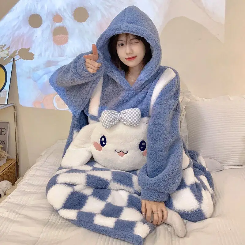 

Kawaii Cinnamoroll мультфильм новые женские цельные пижамы аниме изображение утолщенные теплые пижамные костюмы для девочек зимняя домашняя одежда с капюшоном