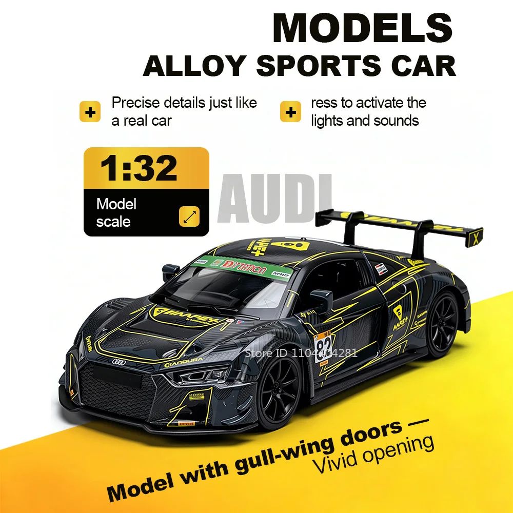 

1:32 AUDI R8 LMS GT3 Diecast Model NISSAN GTR NISOM Alloy Car Toys with Sound Light Pull Back Vehcies Birthday Fashion Ornaments