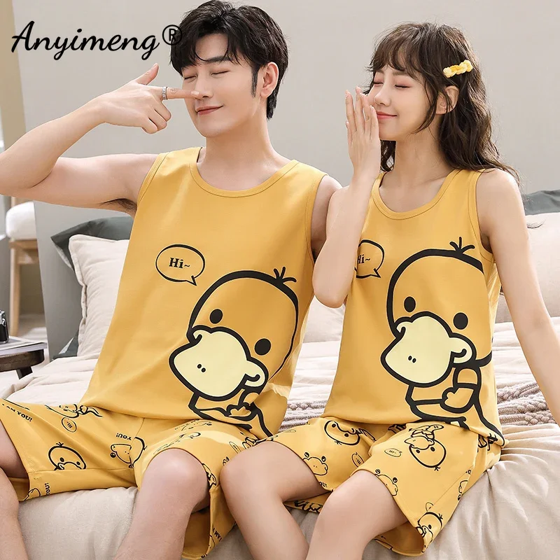 Couple Sleeveless Fashion Pajama Sets Cartoon Duck Printing Kawaii Sleepwear Young Men and Women's Homewear Student's Pijamas