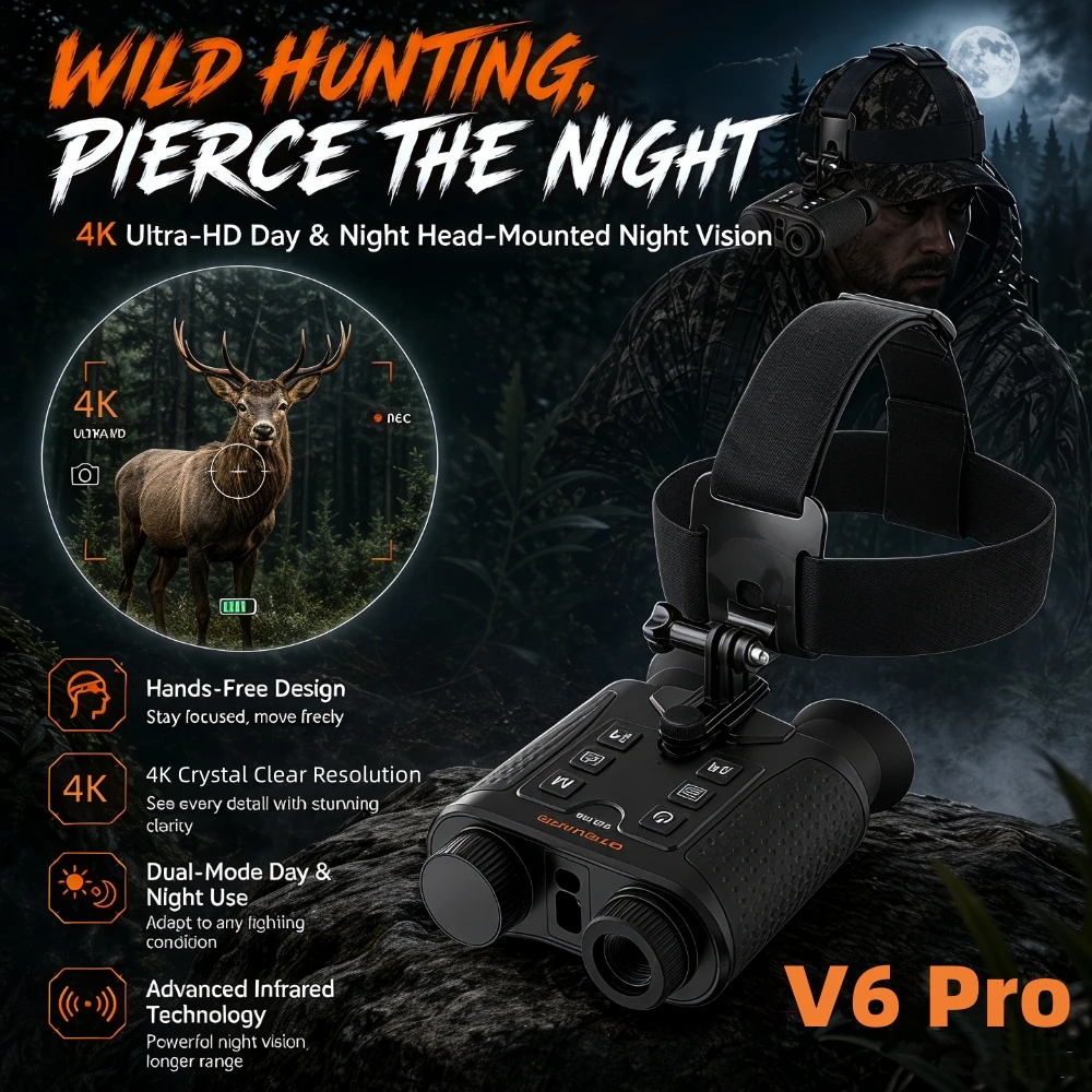 GTGUARD V6/V6 PRO Night Vision Binocular 4K 8X Digital Zoom Goggles Head Mounted Infrared 600m Laser Ranging Hunting Telescope