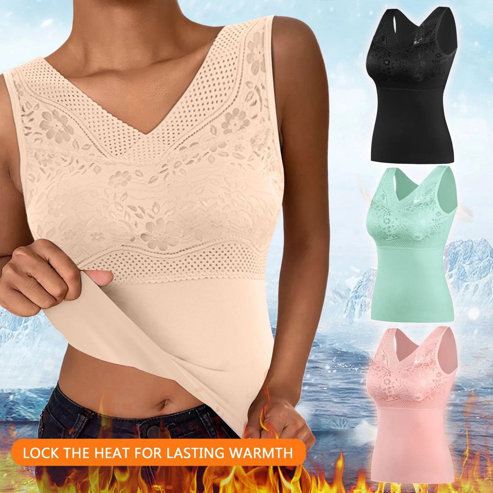 Warm Winter Thermal Tank Tops Women Soft Thick Fleece Undershirt Stretch Velvet Thermal Vest Singlet Underwear with Bra Padded