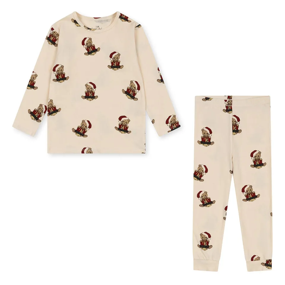 Mother Kids Christmas Bear Autumn Winter New Children\'s Clothes Full Print Long Sleeve Pants Suit Cartoon Dress Home Wear