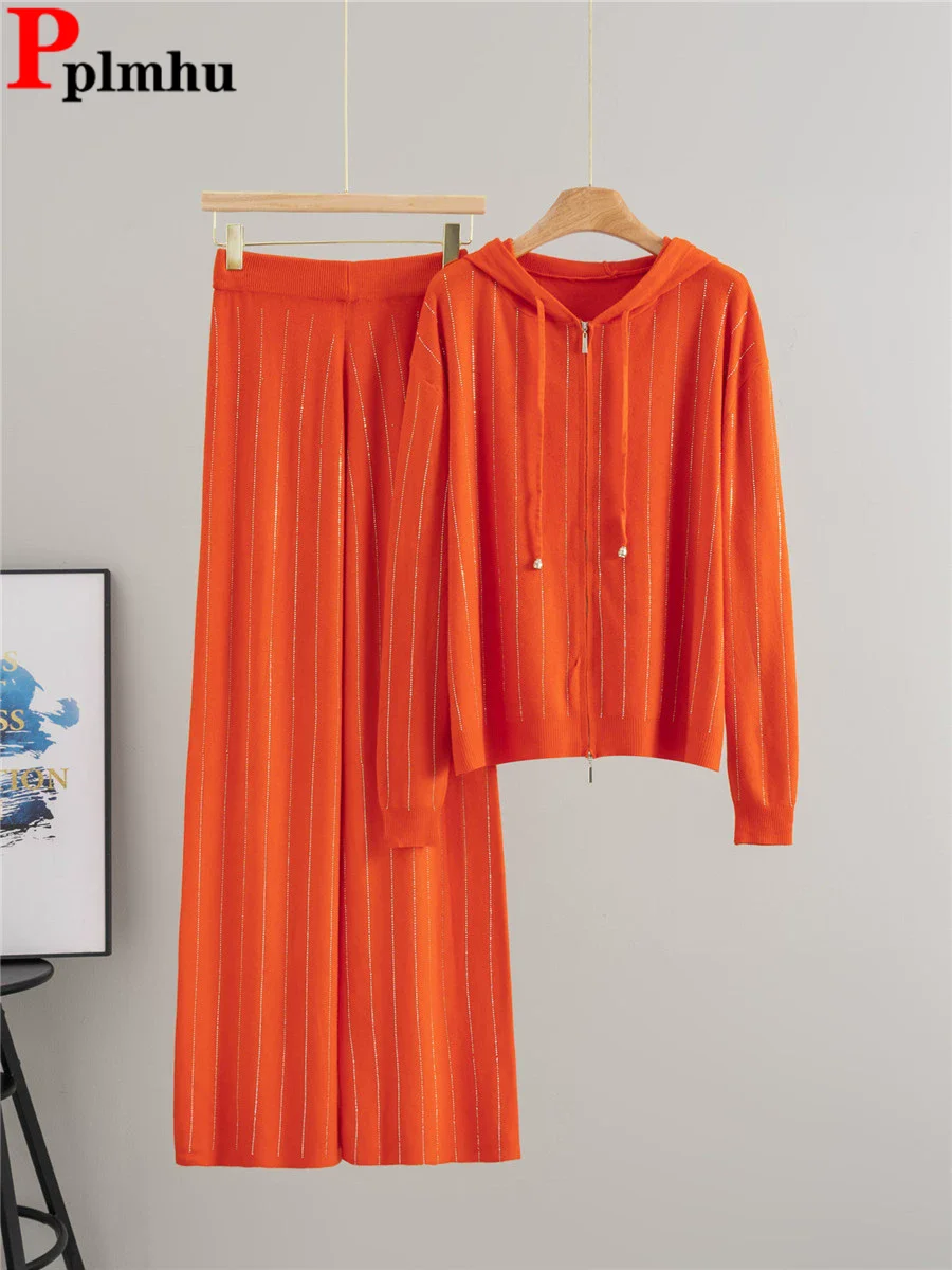 Ensemble 2 pièces tricoté pour femmes, Design strass, coréen, capuche, fermeture éclair, Cardigan ample, hauts, taille haute, pantalon à jambes larges, tenue