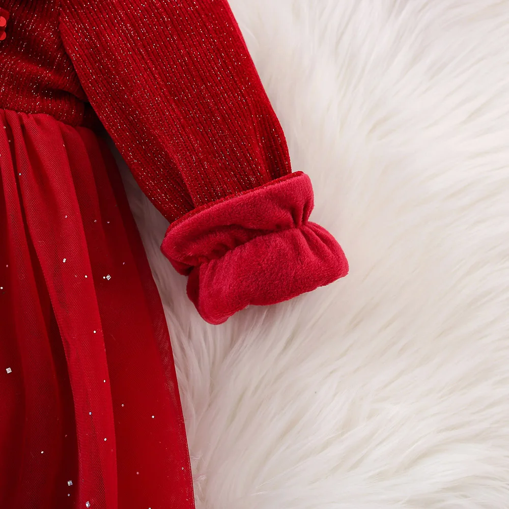 Christmas Red Baby Girl Dress Long Sleeved Plush Gold Velvet Sequin Bow Tie Mesh Party Princess Dress