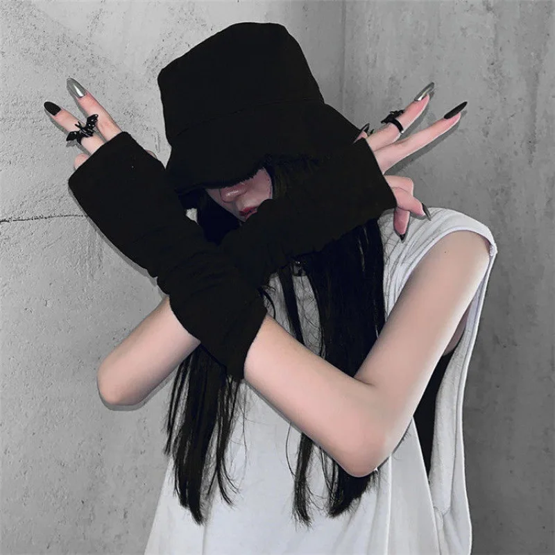 Black Punk Long Fingerless Gloves Cuff Women Men Ninja Sport Outdoor Hip-hop GlovesElbow Mittens Cool Stretch Winter Arm Warmer