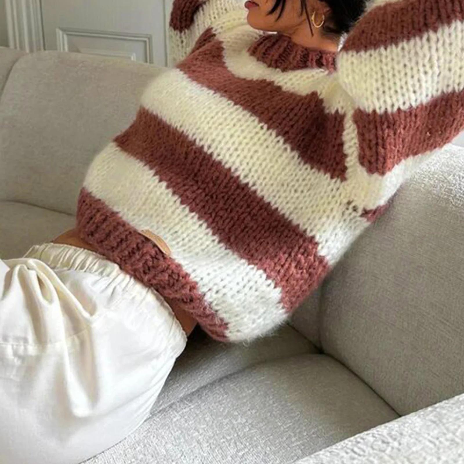 Neue Mode Frauen Herbst Winter Stricken Pullover Langarm Rundhals Gestreiften Strickwaren Tops Heißer Verkauf S-XL