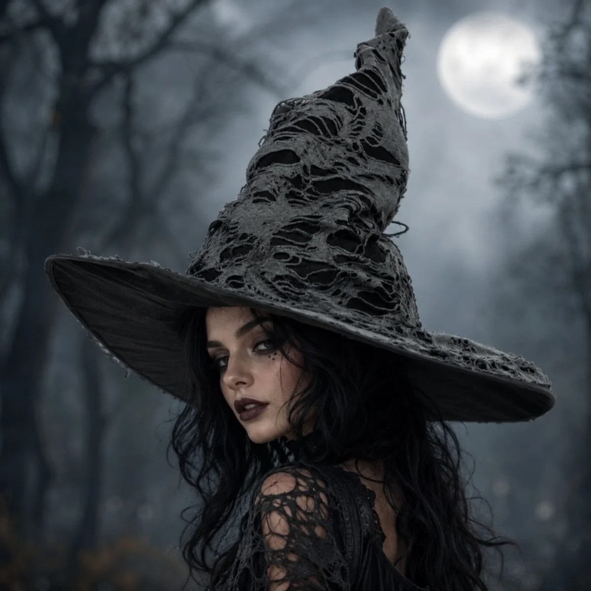 Halloween Distressed Pointed Witch Hat, Gray Black Gothic Sorcerer Hat, Dark COS Cosplay Headwear, Masquerade Party Themed Hat