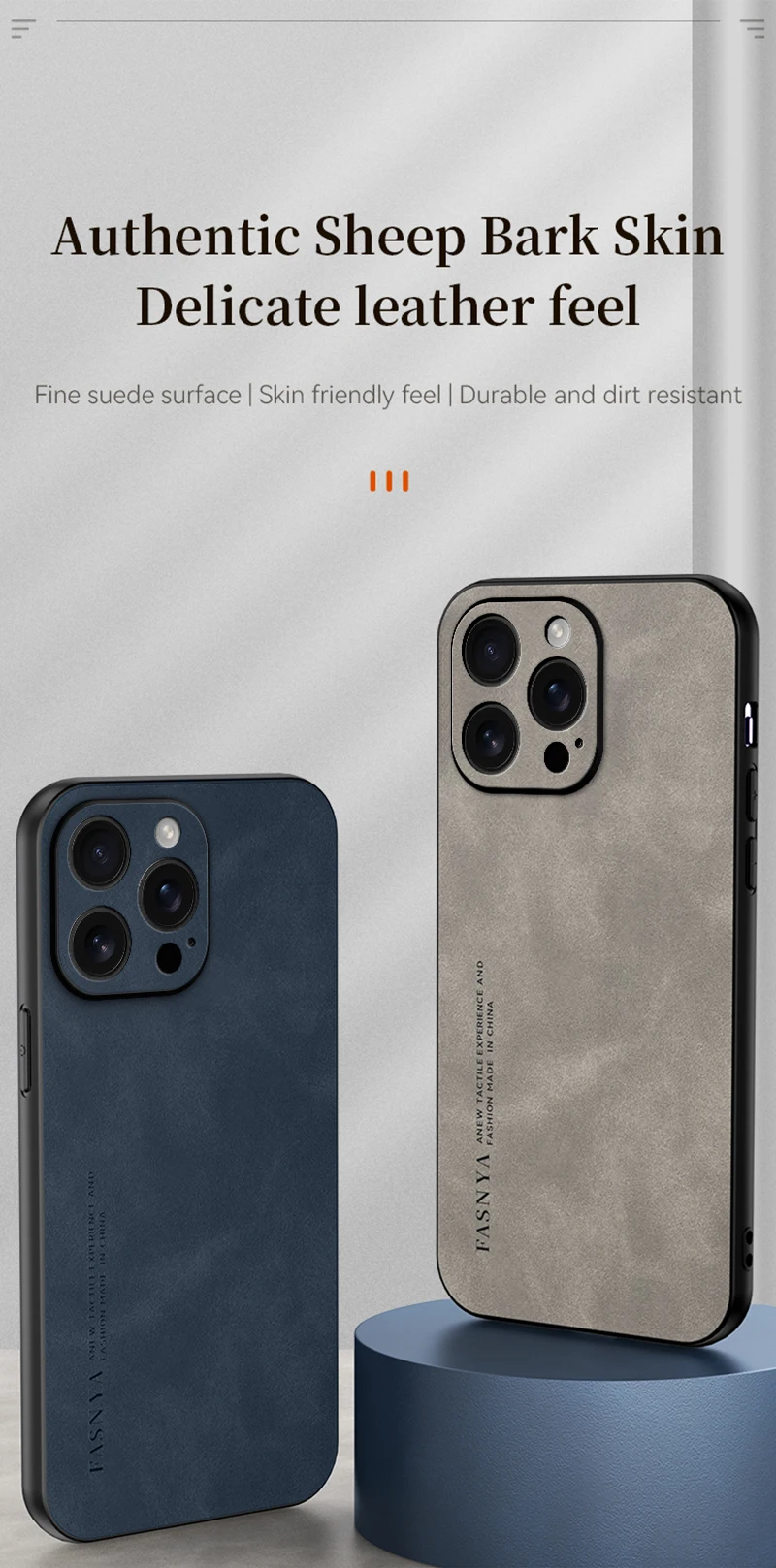 Luxuriöse Schaffell-Leder-Handyhülle für iPhone 17, 16, 15, 14, 13, 12, 11, Pro Max Plus XS mit Kameraobjektivschutz, matte Rückseite – Detail 1