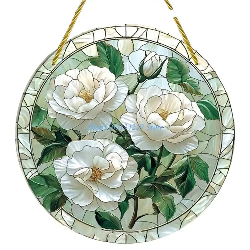 N5KC Glass Window Panel Peacocks/Flower Suncatchers Stained Glass Window Hanging Decors