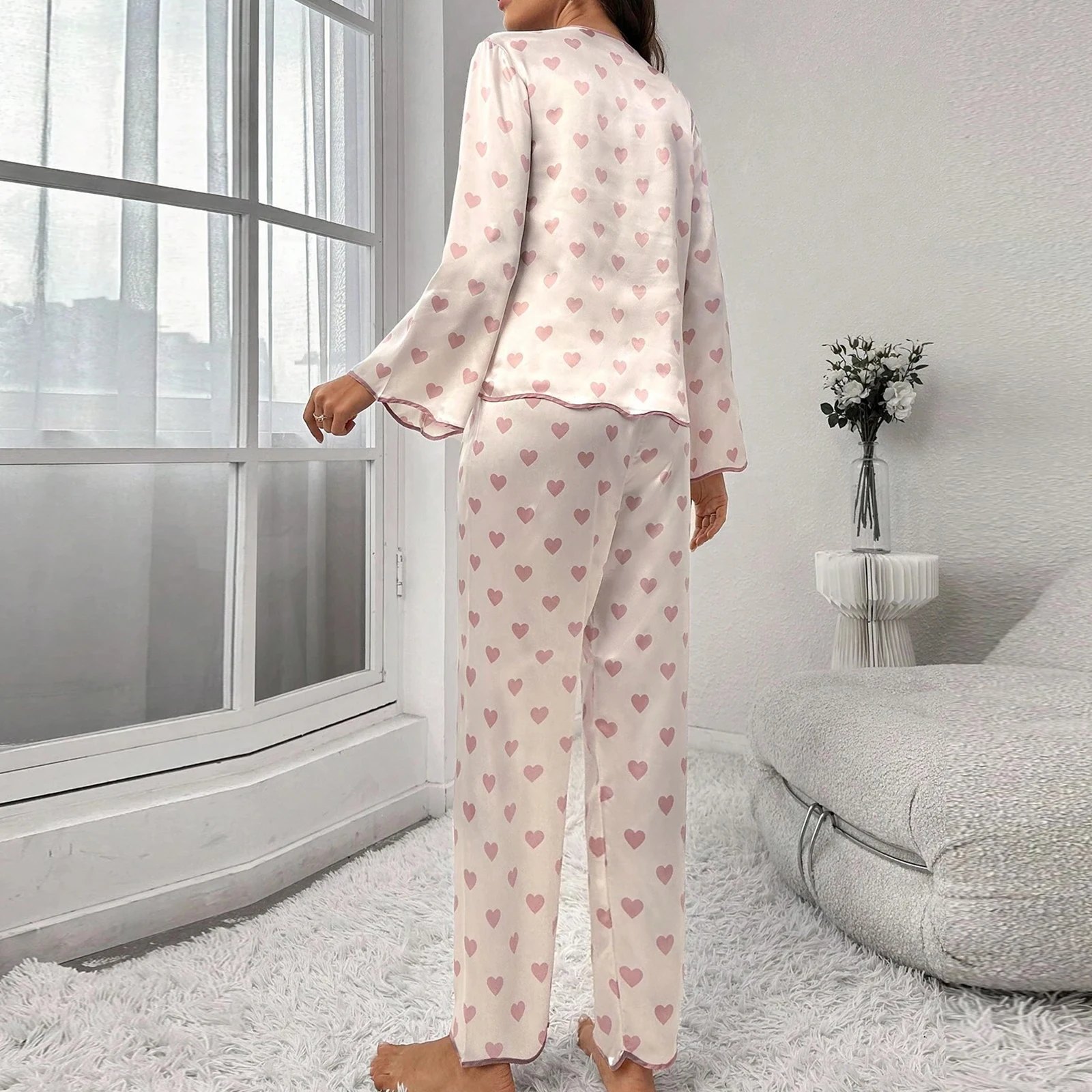 Womens Spring Satin Heart Print Pajamas Pyjamas Set Sleepwear Pijama Pajamas Suit Female Home Two Piece Set Women\'s Loungewear