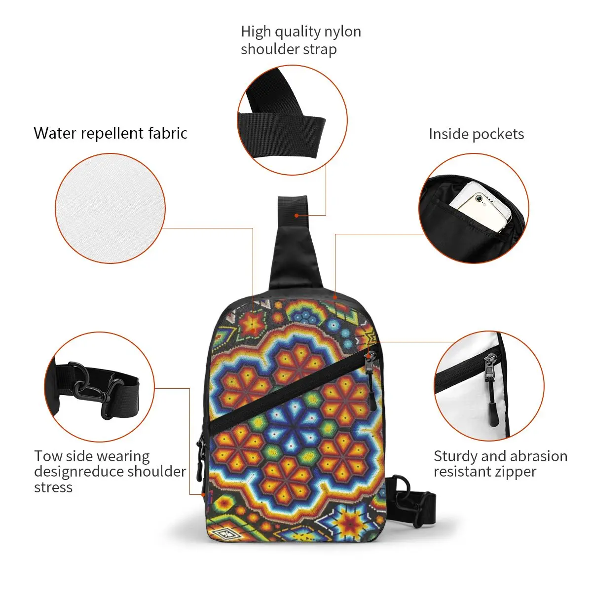 Casual Mexican Huichol Sling Crossbody Backpack Men Shoulder Chest Bags for Traveling