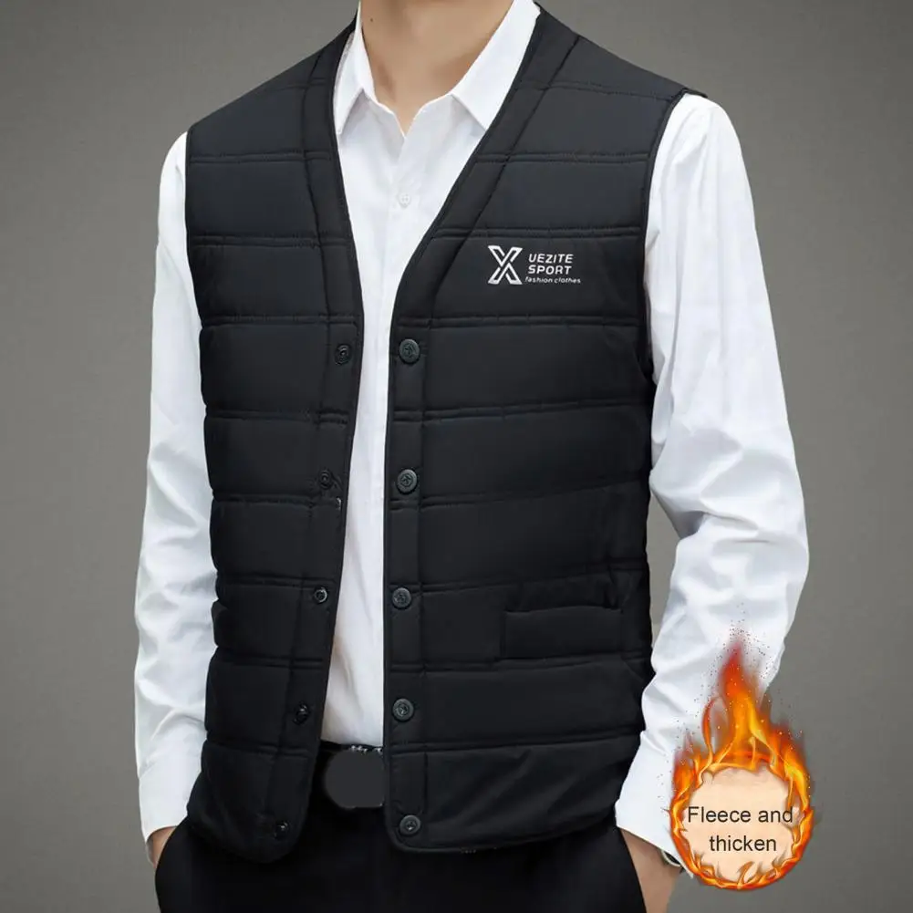 Sleeveless Vest Men's V-neck Thermal Waistcoat with Velvet Lining Windproof Cotton Vest Jacket for Warmth Style