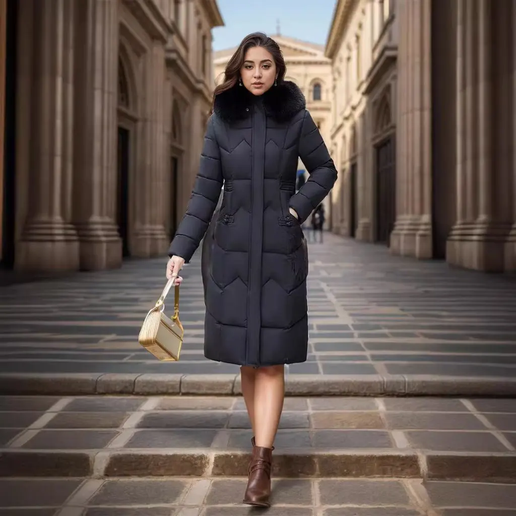 Jaqueta feminina de inverno longa na altura do joelho acolchoada de algodão slim fit estilo coreano espessada
