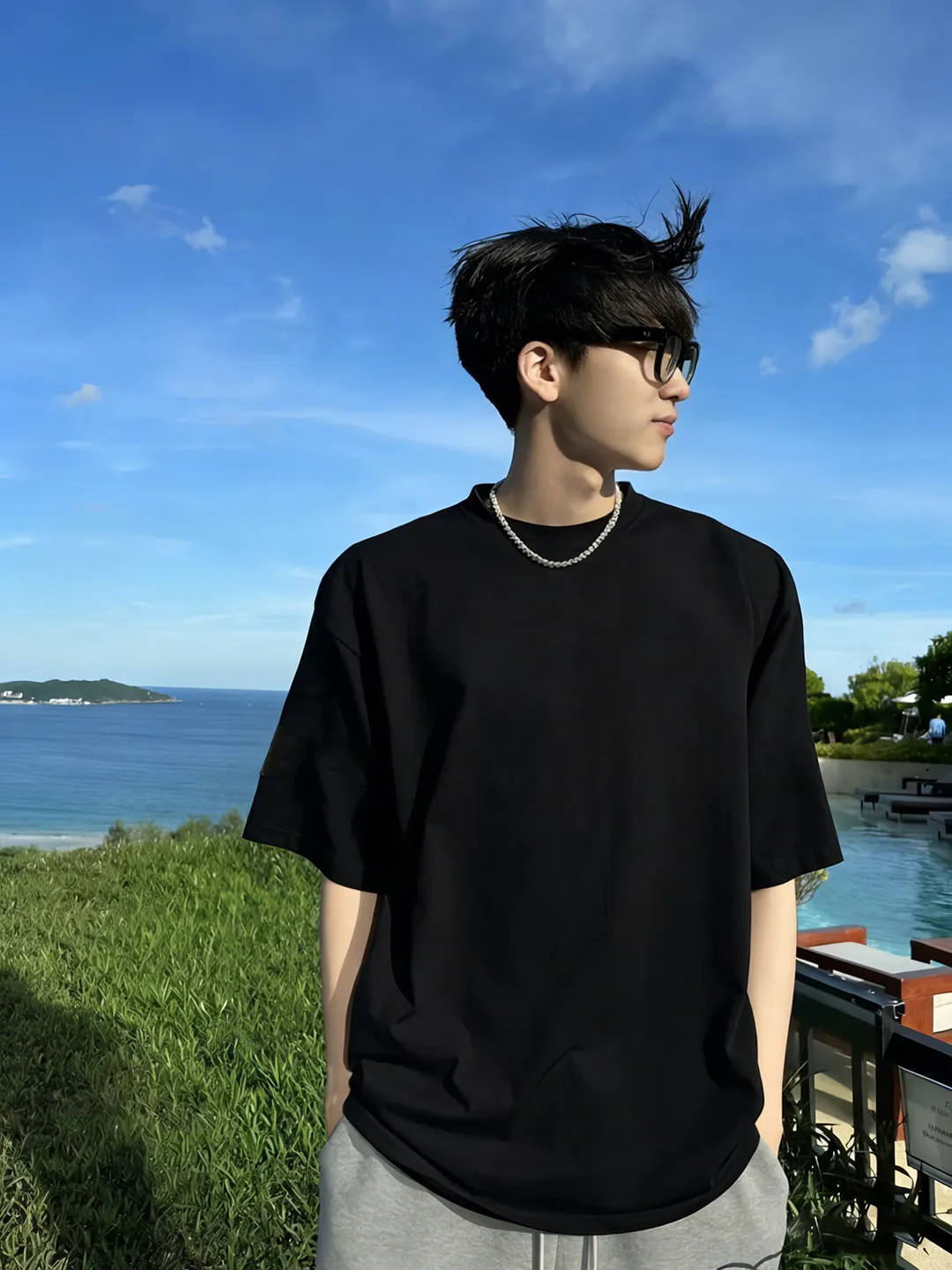 Youthful Black Short Sleeve T-Shirt Heavyweight Small Collar Five Half Sleeve Trendy Shoulder Width Standard Casual round Neck