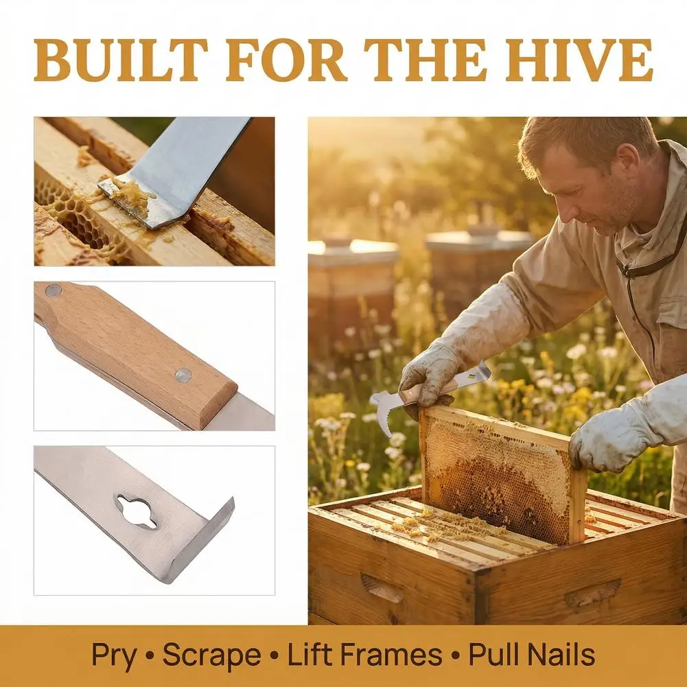Multifunctional Beekeeping Hive Tool Stainless Steel J-Hook Scraper  Essential Pry Bar for Bee Hive Maintenance, Frames Lifting