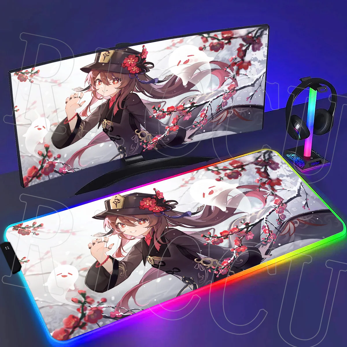 

RGB XXL Rug Anime Hu Tao HD Mousepad Rubber Gaming Genshin Impact Mouse Pad Keyboard Mats Computer PC Laptop Game LED Desk Mat