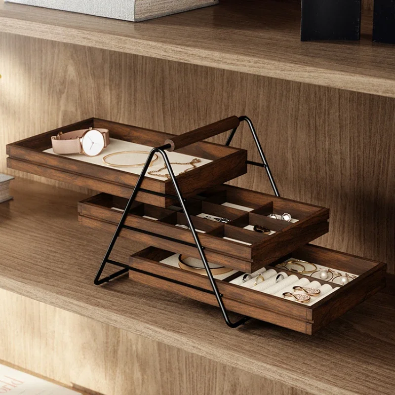 

Solid Wood Jewelry Tray, Creative Wedding Ring Holder, Modern Earring Necklace Display, Walnut Color Storage Stand