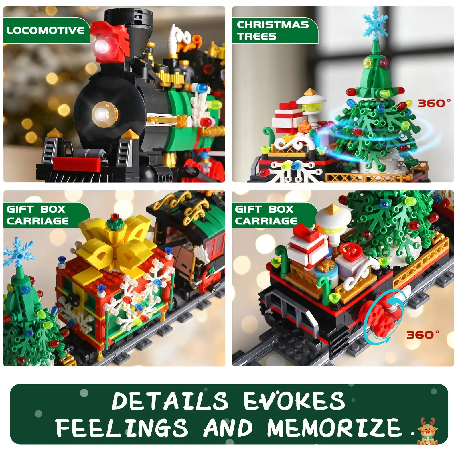 MK 1296 Pcs Christmas Train Building Kit with Motor & LED Lights - Collectible Holiday Display Model w/Track for Kids 8+ , Adult
