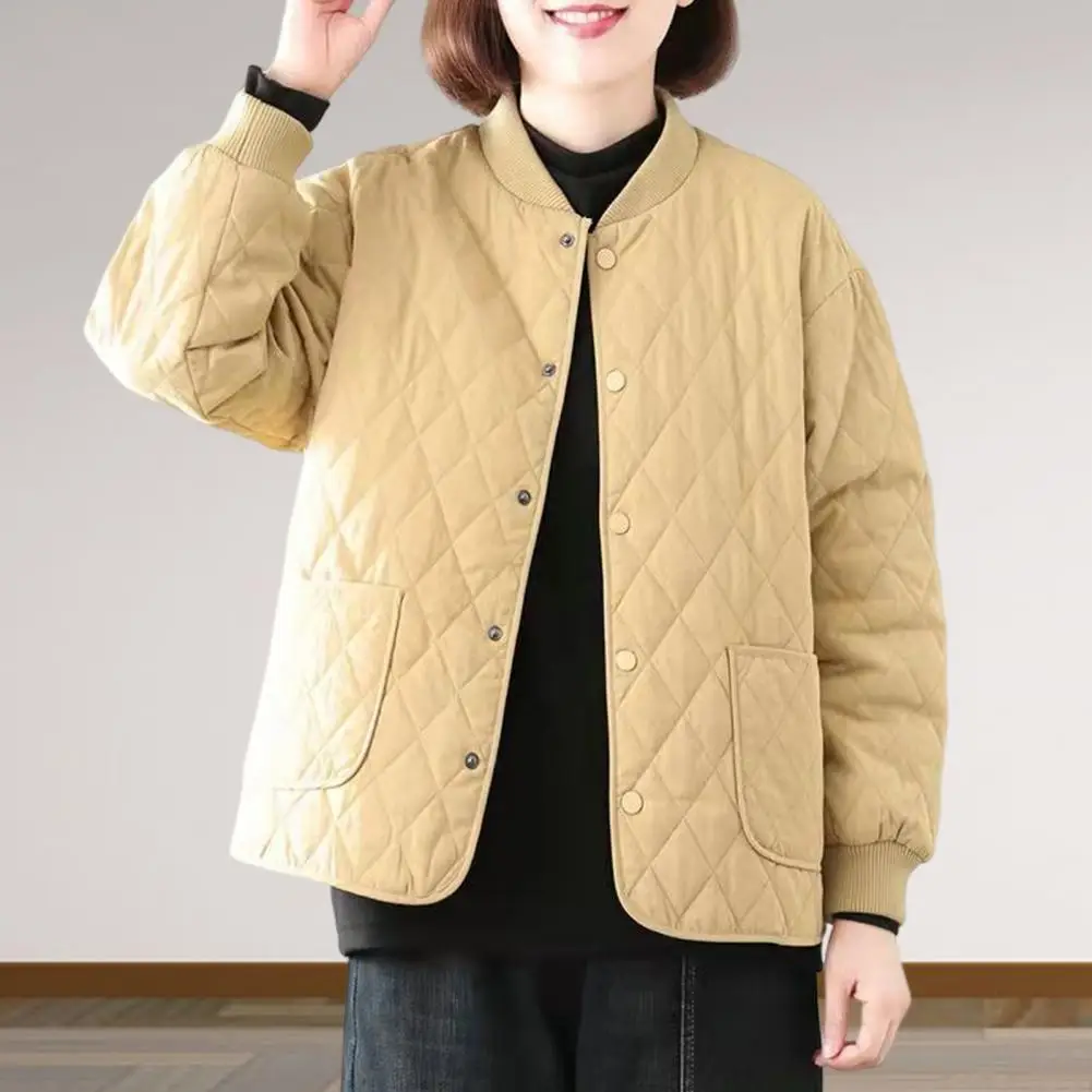 Women Jacket Stand Collar Long Sleeve Rhombus Texture Single-breasted Elastic Cuffs Solid Color Pockets Sport Lady Coat