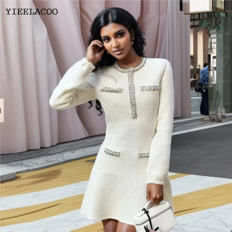 

Women's Knitted Elastic Dress Diamond Embellished Fsh Tail, Fashionable Elegant Long Sleeved Dress