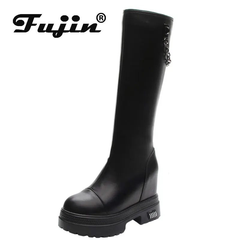 Fujin 10 cm microfibra sintetica metà polpaccio stivaletti alti al ginocchio donna camino famles moda primavera autunno signore scarpe con tacco