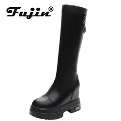 Fujin 10 cm microfibra sintetica metà polpaccio stivaletti alti al ginocchio donna camino famles moda primavera autunno signore scarpe con tacco nascosto