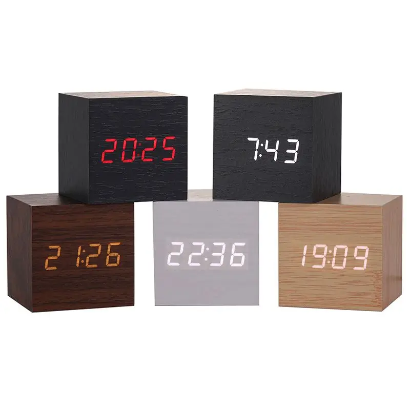 Fashion Alarm Clock LED Wooden Watch Table Voice Control Digital Wood Despertador USB/AAA Powered Electronic Desktop Clocks